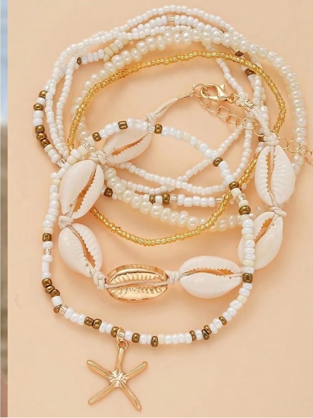 New White & Gold Shell Anklet Stack - Picture 2 of 7